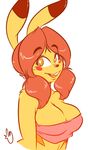  2015 anthro breasts cleavage clothed clothing female fur futa&#039;chu hair half-length_portrait nintendo open_mouth orange_hair pcaduck pikachu pok&eacute;mon shirt simple_background smile solo video_games white_background yellow_eyes yellow_fur 