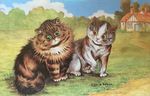  ambiguous_gender brown_fur cat cloud duo feline feral fluffy fur grass green_eyes grey_fur house inner_ear_fluff license_info looking_down louis_wain mammal nude outside painting_(artwork) pink_nose public_domain quadruped raised_leg sky traditional_media_(artwork) whiskers yellow_eyes 