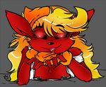  anthro black_nipples black_nose black_sclera blonde_hair cinnamon_swirl clothing eeveelution female fingerless_gloves flareon flat_chested fur gloves hair looking_at_viewer nintendo nipples pcaduck pok&eacute;mon red_eyes red_fur solo video_games 