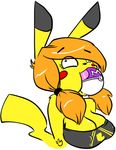  anthro blush breasts bust_portrait cleavage clothed clothing derp female fur futa&#039;chu hair master_ball nintendo nipple_bulge orange_hair pcaduck pigtails pikachu pok&eacute;ball pok&eacute;mon shirt simple_background solo video_games white_background yellow_fur 