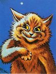  ambiguous_gender black_nose blue_background brown_fur cat feline fur license_info looking_away louis_wain mammal nude painting_(artwork) portrait public_domain semi-anthro simple_background smirk solo star traditional_media_(artwork) whiskers yellow_eyes 