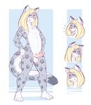  2015 balls blonde_hair blue_eyes erection feline hair hand_on_hip leopard long_hair looking_at_viewer male mammal multiple_poses nude penis pose pubes simple_background snow_leopard solo tongue tongue_out zangusuu 