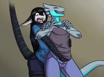  2015 abyssaldemon ambiguous_gender anthro black_scales blue_stripes brown_background clenched_teeth clothed clothing dragon drayk drayk_dagger duo eyes_closed grey_scales grin hand_in_pants jeans long_tail multicolored_scales nateday open_mouth orange_eyes scales scalie shirt shocked shorts simple_background smile stripes surprise teeth tongue white_scales white_sclera wide_eyed yelling 