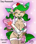  anthro areola bottomless breasts clothed clothing eeveelution english_text eyes_closed female flower gloves green_hair green_lips green_nipples green_nose green_pussy hair half-dressed leafeon legwear mint_swirl nintendo nipples nurse nurse_uniform pcaduck plant pok&eacute;mon pussy shirt smile solo stockings text thermometer video_games 