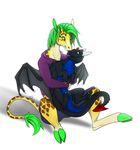  anthro black_scales blue_eyes clothing dragon duo fefairy feral giraffe green_eyes green_hair green_hooves hair hoodie horn hug male mammal open_mouth scales shadow shorts simple_background size_difference smile tongue tongue_out white_background 