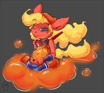  anthro black_sclera blonde_hair cinnamon_swirl cosplay dragon_ball eeveelution female flareon flat_chested flying_nimbus fur hair melee_weapon nintendo pcaduck pok&eacute;mon red_eyes red_fur sitting smile solo sword video_games weapon 