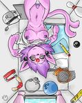  2009 anthro areola bed black_sclera bottomless bowling_ball breasts bubblegum_swirl clothed clothing eeveelution espeon female forehead_gem fur hair half-dressed looking_at_viewer navel nintendo nipples open_mouth pcaduck pencil pink_fur pok&eacute;mon pubes purple_hair pussy raised_shirt shirt smile solo toaster upside_down video_games white_eyes 