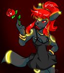  anthro black_fur bracelet cleavage clothed clothing dress eeveelution female flower fur hair hand_on_hip jewelry licorice_swirl nintendo nipple_bulge pcaduck plant pok&eacute;mon ponytail red_hair red_sclera rose simple_background solo umbreon video_games white_eyes 