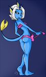  2013 anthro black_sclera blue_background blue_skin blueberry_swirl bow butt eeveelution female hair looking_back nintendo pcaduck pok&eacute;mon ribbons short_hair simple_background solo standing vaporeon video_games white_eyes white_hair 