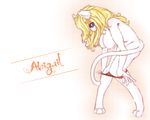 2012 abigail anthro barefoot bent_over blonde_hair breasts clothed clothing english_text feline female fur hair half-dressed larkdraws looking_at_viewer mammal nipples panties panties_down simple_background solo text topless underwear undressing white_fur 