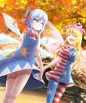  ^_^ american_flag_dress american_flag_legwear autumn blonde_hair blue_hair bow breasts cirno closed_eyes clownpiece dress evandragon fairy_wings grin hair_bow hat highres holding_hands ice ice_wings jester_cap jpeg_artifacts leaf long_hair maple_leaf medium_breasts multiple_girls open_mouth pantyhose short_hair small_breasts smile star striped striped_dress touhou very_long_hair wings 