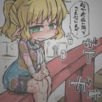  3: blonde_hair blush bodypaint bridge commentary_request crying dripping exhibitionism frown green_eyes half_updo kureha_mitsushige looking_at_viewer mizuhashi_parsee naked_paint nude painted_clothes pointy_ears scarf sitting solo sweat tears touhou translation_request v-shaped_eyebrows wavy_mouth 