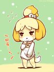  1girl animal_crossing artist_request blush canine clothing collar dog doubutsu_no_mori female furry isabelle_(animal_crossing) japanese_text mammal nintendo shizue_(doubutsu_no_mori) solo sweater text translation_request unknown_artist video_games 