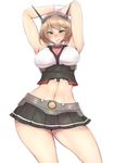  :d armpits arms_behind_head arms_up bare_arms bare_legs bifidus blush breasts collar commentary_request crop_top gloves green_eyes hairband kantai_collection large_breasts looking_at_viewer midriff miniskirt mutsu_(kantai_collection) navel open_mouth short_hair skirt smile solo tongue tongue_out 