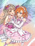  bad_id bad_pixiv_id bird_wings blue_eyes bokutachi_wa_hitotsu_no_hikari bow breasts choker dress elbow_gloves flower frilled_dress frills gloves grey_hair hair_flower hair_ornament hairband hand_on_own_chest highres imminent_hand_holding kousaka_honoka love_live! love_live!_school_idol_project medium_breasts minami_kotori multiple_girls one_side_up orange_eyes orange_hair wings wristband yuran 