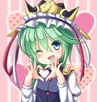  ;d asymmetrical_hair blue_eyes blush commentary_request crown green_hair hat head_tilt heart heart_hands highres juliet_sleeves long_sleeves looking_at_viewer mochizuki_hull one_eye_closed open_mouth puffy_sleeves ribbon shiki_eiki smile solo star tabard touhou 
