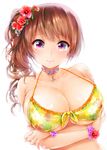  bad_id bad_pixiv_id bikini blush breast_hold breasts brown_hair cleavage floral_print flower frilled_bikini frills front-tie_top hair_flower hair_ornament hibiscus jewelry koshika_rina large_breasts long_hair looking_at_viewer necklace original print_bikini purple_eyes side_ponytail simple_background smile solo swimsuit white_background wrist_cuffs 