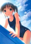  :o absurdres brown_hair cloud day green_eyes highres looking_at_viewer old_school_swimsuit one-piece_swimsuit original poolside school_swimsuit sky solo swimsuit takoyaki_(roast) 