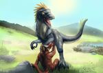  2015 anthro anthro_on_feral argonian bestiality blue_scales brown_scales digital_media_(artwork) digitigrade dinosaur duo feathers feral grey_scales hand_on_head horn interspecies invalid_tag lizard male male/male masturbation mountain oral penetration penis red_scales reptile sairaks savannah scales scalie scritt steppe the_elder_scrolls video_games 