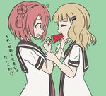  2girl 2girls akaza_akari arm_holding bangs blonde_hair blunt_bangs blush eyes_closed feeding food fruit green_background hair_bun hair_ornament hair_pin long_hair monochrome multiple_girls oomuro_sakurako purple_eyes red_hair school_uniform serafuku simple_background sweat translation_request watermelon watermelon_bar wavy_hair yuru_yuri 