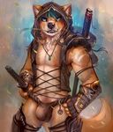  2015 anthro bulge canine cheetahpaws clothing cyan_eyes dog fundoshi hood male mammal melee_weapon necklace solo straw sword underwear weapon 