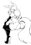  2015 anthro boots breasts butt canine clothing digimon elbow_gloves eyelashes female footwear fox gloves high_heeled_boots high_heels legwear looking_at_viewer looking_back mammal monochrome pussy renamon rubber side_boob simple_background smile solo thigh_high_boots white_background yawg 