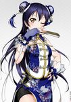  blue_hair brown_eyes bun_cover china_dress chinese_clothes double_bun dress fan fingerless_gloves folding_fan gloves long_hair looking_at_viewer love_live! love_live!_school_idol_project shiimai solo sonoda_umi 