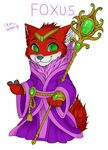  anthro canine chibi clothed clothing fox foxus fur furvilla green_eyes magic_user mammal multicolored_fur okamiazurea realmsofazura red_fur simple_background smile solo staff standing text two_tone_fur white_background white_fur 