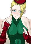  after_fellatio bare_shoulders blacktiger blonde_hair blue_eyes braid breasts cammy_white cum cum_in_mouth erect_nipples female hat highleg highleg_leotard large_breasts leotard looking_at_viewer smile solo street_fighter twin_braids 
