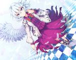  bad_id bad_pixiv_id bow bowtie checkered checkered_floor dress dutch_angle feathers furapechi jacket kishin_sagume long_sleeves open_clothes purple_dress red_eyes shirt short_hair silver_hair single_wing smile solo touhou wings 
