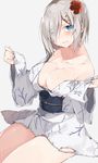  bad_id bad_pixiv_id blue_eyes breasts flower hair_flower hair_ornament hair_over_one_eye hairclip hamakaze_(kantai_collection) highres japanese_clothes kantai_collection kayahara kimono large_breasts short_hair silver_hair simple_background solo torn_clothes yukata 