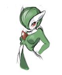  2013 anthro blush breasts clothed clothing female gardevoir green_hair hair half-closed_eyes hand_on_hip horn humanoid larkdraws looking_at_viewer nintendo pok&eacute;mon pok&eacute;morph red_eyes red_skin simple_background sketch smile solo video_games white_background white_skin 