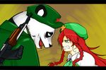  ak-47 angry assault_rifle bared_teeth braid cat_shit_one chinese_clothes clenched_teeth commentary_request cube85 gun hat hong_meiling long_hair panda red_hair rifle scowl teeth touhou twin_braids weapon 