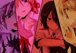  3girls bimi_(mgk) black_hair bow brown_eyes brown_hair copyright_name fujishiro_otone gloves hair_over_one_eye hair_ribbon hairband ichinomiya_eruna kurosawa_rui looking_at_viewer mikagura_gakuen_kumikyoku mikagura_seisa multicolored_hair multiple_girls multiple_monochrome open_mouth pink_hair purple_eyes purple_hair ribbon scarf school_uniform short_hair side_bun tongue tongue_out twintails two-tone_hair white_hair 