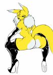  2015 animated anthro augusto-iguana black_sclera blue_eyes boots breasts butt canine clothing collaboration digimon elbow_gloves eyelashes female footwear fox gloves high_heeled_boots high_heels legwear looking_at_viewer looking_back mammal pussy renamon rubber side_boob simple_background smile solo thigh_high_boots twerking white_background yawg 