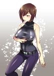  bare_shoulders breasts brown_hair caffein covered_nipples highres large_breasts meiko red_eyes short_hair solo vocaloid 