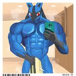  abs anthro bada-butterfly barcode biceps big_muscles blue_skin canine covering covering_self hyper hyper_muscles lucario male mammal muscular nintendo nipples nude phone pok&eacute;mon red_eyes selfie slit_pupils solo triceps video_games 