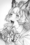  1girl :3 :d animal_ears aos bangs blush bow breasts cat_ears censored cleavage fangs fellatio gloves granblue_fantasy greyscale hair_bow handjob hetero karteira licking male_pubic_hair medium_breasts monochrome mosaic_censoring one_side_up open_mouth oral penis pointless_censoring pubic_hair short_hair simple_background smile solo_focus white_background 