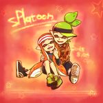  1girl bad_id bad_pixiv_id bike_shorts blush camouflage closed_eyes copyright_name couple dated fangs gary_galogio green_hair headband hetero hood hoodie hug hug_from_behind inkling long_hair long_sleeves open_mouth orange_hair shirt shoes short_hair sitting smile sneakers splatoon_(series) splatoon_1 star tentacle_hair topknot visor_cap 