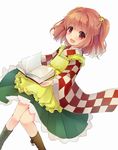  apron bell book checkered clothes_writing hair_bell hair_ornament japanese_clothes motoori_kosuzu open_mouth red_eyes red_hair sen1986 short_hair smile solo touhou two_side_up wide_sleeves 