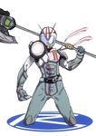 antennae armor axe belt card driving_license fusion helmet holding holding_card kamen_rider kamen_rider_chaser kamen_rider_drive_(series) kamen_rider_mach male_focus mask over_shoulder scarf shoulder_pads solo spoilers symbol tire wakigami_taine weapon weapon_over_shoulder white_background 