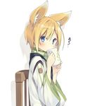  animal_ear_fluff animal_ears blonde_hair blue_eyes blush chair cup drinking extra_ears fox_ears holding japanese_clothes looking_at_viewer mug original poco_(asahi_age) shadow shiratama_kitsune short_hair simple_background solo translated white_background wide_sleeves 