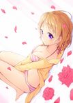  between_legs bikini breasts flower hand_between_legs hazuki_natsu koizumi_hanayo love_live! love_live!_school_idol_project medium_breasts orange_hair petals pink_flower pink_rose purple_eyes rose short_hair solo striped striped_bikini swimsuit 