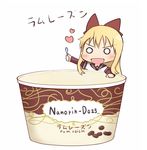  :d blonde_hair blush bow brand_name_imitation chibi container food haagen-dazs hair_bow heart holding holding_spoon ice_cream komaki long_sleeves minigirl o_o open_mouth rum_raisin short_over_long_sleeves short_sleeves simple_background smile solo spoon toshinou_kyouko translated v-shaped_eyebrows white_background yuru_yuri 