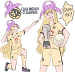 :d ball blonde_hair clothes_writing clownpiece club_america coca-cola grin hat huawei jester_cap long_hair mefomefo moon nike open_mouth pose purple_eyes smile soccer_uniform solo spanish sportswear touhou very_long_hair 
