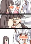  3koma black_hair blush bow colored_eyelashes comic face_punch fujiwara_no_mokou hair_bow hair_ribbon houraisan_kaguya imminent_kiss in_the_face long_hair multiple_girls punching red_eyes ribbon silver_hair suspenders touhou tsundere yuri zetsumame 