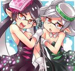  2girls aori_(splatoon) black_dress black_hair brown_eyes commentary cowboy_shot detached_collar domino_mask dress earrings fangs food food_on_head gloves holding hotaru_(splatoon) jewelry kitayama_miuki long_hair looking_at_viewer mask microphone microphone_stand mole mole_under_eye multiple_girls object_on_head open_mouth pointy_ears short_hair smile splatoon_(series) splatoon_1 squid standing strapless strapless_dress sushi tentacle_hair white_gloves white_hair 