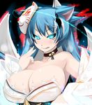  :q animal_ears blue_eyes blue_hair breasts choker cleavage detached_sleeves fox_ears fox_tail glowing glowing_eyes highres large_breasts looking_at_viewer mask mask_on_head naughty_face shiki_(psychedelic_g2) solo tail tongue tongue_out 