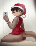  anthro black_hair butt cellphone christmas clothing green_eyes hair hat holidays male mammal mustelid otter phone santa_hat shinsuke sitting solo watch 