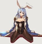  animal_ears black_legwear blue_eyes blue_hair blush breasts bunny_ears bunny_girl bunnysuit cleavage detached_collar fake_animal_ears full_body granblue_fantasy grey_background highres jacket_on_shoulders kneeling large_breasts leotard long_coat long_hair looking_at_viewer pantyhose senmu simple_background sitting solo therese_(granblue_fantasy) twitter_username wariza 